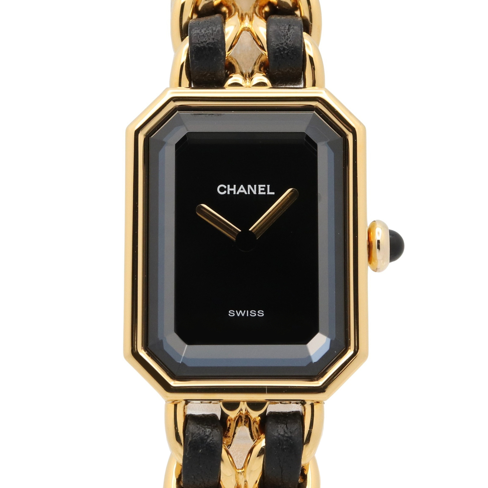 Chanel CHANEL Première L Watch, Gold Plated (GP), Leather Strap, Women's, Bla...